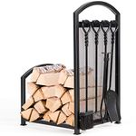 COSTWAY Fireplace Log Rack with Tong, Brush, Shovel and Poker, Iron Fireside Companion Set Firewood Storage Log Holder for Indoor Outdoor (with holder)