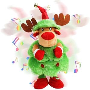 KKUYT LED Musical Christmas Tree Reindeer Stuffed Animal Funny Singing Dancing Elk Plush Toy Lights Up Mimicking Twisting Interactive Animated Elk Dolls Toy Christmas Decoration Gift