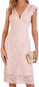 Women's Lace Cocktail Dress Sleeveless V Neck Elegant Bodycon Midi Dress for Wedding Guest Party Evening Formal (US, Alpha, Small, Regular, Regular, Pink)
