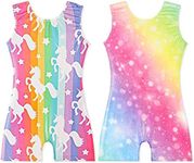 EQSJIU 2 Packs Sparkle Toddler Gymnastics Outfit For Girl With Shorts Unicorn Rainbow Adorable Shiny Kids Dance Unitards Biketards 3t 2-3t 2t, 2pcs Rainbow Unicorn, 2-3 Years