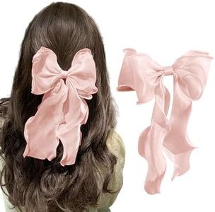 papasgix Hair Bow Clips: Solid Color Long Silk Ribbon Bows for Women and Girls (1, Pink)