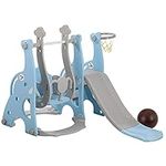 WWUIUIWW 4-in-1 toddler climber and swing set, extra-long slide, safety belt, children's play climbing slide set with basketball stand, indoor and outdoor backyard baby slide set (Blue)