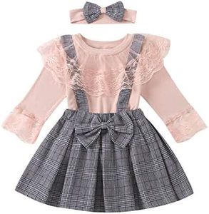 Enfant en Bas âge bébé Filles vêtements Tenue Coton Dentelle à Manches Longues Chemises Hauts avec Jupe Porte-Jarretelles à Carreaux Filles Ensemble Tenue Ensemble, Rose, 90, 1-2 Ans