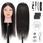 TwoWin Hairdressing Training Head, 18" 80% Real Hair Mannequin Head, Wig Styling Head with Clamp and DIY Braiding Set (Black)