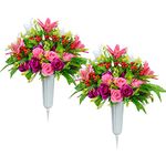 Artificial Cemetery Flowers with Vase, Set of 2 Artificial Rose Lily Bouquet Graveyard Memorial Flowers for Cemetery Headstones Decoration