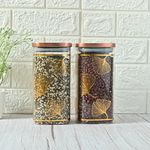 Femora Borosilicate Glass Square Jar, Kitchen Storage Jar, Square Gold Print Jars, Airtight Steel Lid, 1500 ML, Pack of 2