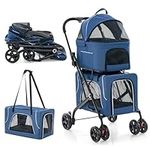 GYMAX Double Pet Stroller, 3-in-1 Foldable Pet Travel Pushchair with Safety Belts, Removable Pads, Washable Cover & Mesh Windows, 4 Wheels Carrier Trolley Jogger for Dogs and Cats (Blue)