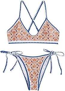 ZAFUL Bohemian Tie Whip Stitch Print Cross Bikini Spaghetti Strap Swimwear