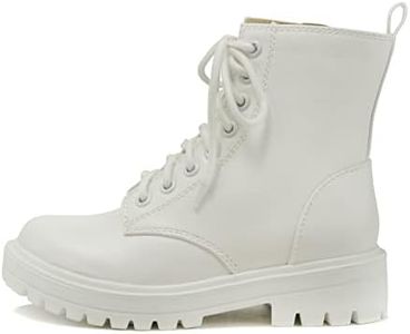 Soda FIRM - Lug Sole Combat Ankle Bootie Lace up w/Side Zipper, All White, 8