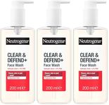 Neutrogena Clear & Defend+ Face Wash (3x 200ml), Purifying Facial Wash for Acne-Prone Skin with Salicylic Acid and AHA/PHA, Fragrance-Free Face for Spot-Prone Skin to Help Prevent Breakouts
