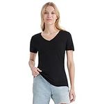 Merino Protect 100% Merino Wool V Neck T-Shirt for Women Short Sleeve Base Layers Odor Resistance Tops for Outdoor Hiking Black