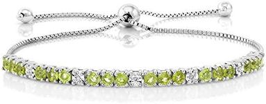 Gem Stone King 925 Sterling Silver Green Peridot & White Diamond Tennis Bracelet For Women | 2.05 Cttw | Gemstone Birthstone | Fully Adjustable Up to 9 Inch, One Size, Sterling Silver, Peridot