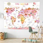 Riyidecor Kids Map Tapestry 59Wx51H Inch Pink World Cartoon Animal Cute Educational Geography Learning Tools Continents Wildlife Wall Hanging for Boys Girls Home Dorm Decor Art Living Room Bedroom