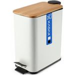 KADAX Toilet Bin, Powder-Coated Steel Kitchen Waste Bin with Bamboo Lid, Small Bathroom Trash Can with Foot Pedal and Internal Bucket (5L, White, Rectangular)