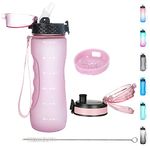 OLDLEY 750ml/25oz Water Bottles with Straw Leakproof Kids Water Bottles for School Plastic Drink Bottles Reusable Sports Bottles BPA Free Filter Time Markings Gym Bottles for Women Men(Pink, 2 Lids)