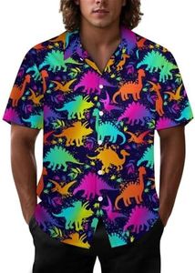 Joyidec Mens Hawaiian Shirt Casual Button Down Short Sleeve Tropical Beach Holiday Aloha Party Shirt for Men Funny, Neon Rainbow Dinosaur, X-Large