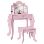 Qaba Kids Vanity Table and Stool, Makeup Vanity Girls Dressing Table Set with Tri-Folding Mirrors Drawer Star and Heart Pattern, Pink