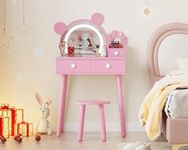 Aptliton Kids Vanity Table Set with LED Lights,Bear-Shaped Dressing Table & Storage Drawers,Wooden Princess Toddler Makeup Table Set with Chair,Children’s Dressing Table for Girls Bedroom,Pink