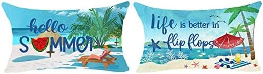 ITFRO Set of 2 Gift Hello Summer Life is Better in Hip Hops Watermelon Ocean Cotton Linen Lumbar Throw Pillow Case Cushion Cover Farmhouse Home Sofa Decorative 12X20 Inches (A-Blue)