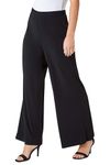 Roman Originals Wide Leg Trousers for Women UK Ladies Palazzo Pants Evening Jersey Elasticated High Waist Smart Flared Culotte Office Work Going Out Loose Crepe Bottoms - Petite Black - Size 8