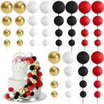 BOUBONI 48 Pcs Balls Cake Topper Decorations Balloon Cupcake Toppers Foam Cake Topper Balls Cake Balls Decorations for Birthday Party Wedding Cake Decorating (Black, Red, White, Gold)