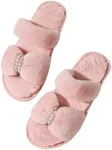 OYOANGLE Women's Pearls Bowknot Open Toe Furry Slippers Two Bands Flat Slip on Slides Warm Comfy Furry Outdoor Slippers Pink 6.5