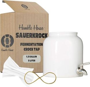 Humble House SAUERKROCK TAP Kombucha Crock with Stainless Steel Spigot and Cotton Cloth Cover - 5 Liter (1.3 Gallon) Ceramic Water Dispenser Kombucha Jar in Natural White for Continuous Brewing