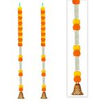 iHandikart Handmade Artificial Fluffy Marigold with Jasmine Flower Garland with Bell|Office Home Diwali Decoration|Diwali Gift, Colour Yellow & Light Orange, Pack of 2 (33008-2)