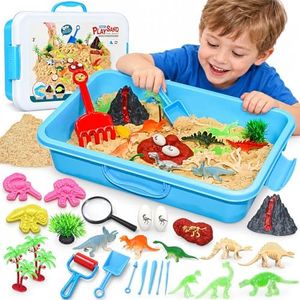 Pakimio Dinosaur Sensory Bin with Lid, 2.64lbs Magic Sand, Dino Figures, Skeletons & Archaeology Tools, Sensory Sand Kit Dinosaur Toys for Kids 3 4 5 6 7+ Year Old Boy Toddler Birthday Gift Christmas