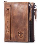 BULLCAPTAIN Genuine Leather Wallet for Men Vintage Bifold Double Zipper Coin Purse, Brown, 4.7"x1.2"x3.7"(HxWxL), Casual