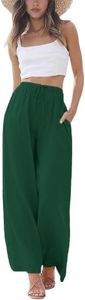 PURPEARL Linen High Waisted Wide Leg Palazzo Pants for Women Casual Summer Drawstring Trousers Flowy Beach Pants with Pockets, Deep Green, Small