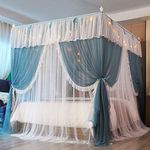 Mengersi 4 Corners Post Canopy Bed Curtains with Lights-4 Opening Royal Luxurious Cozy Drapes- Bed Canopy Princess Bedroom Decoration Accessories Girls Adults (King, Blue and White)