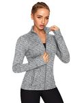 QUEENIEKE Women's Workout Running Jackets Full Zipper Slim Fit Athletic Yoga Jacket with Thumb Holes Heathered Light Grey 60927 M