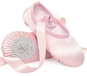 Satin Ballet Shoes Pink Ballet Dance Slippers with Ribbon Ballet Flat Leather Split Sole for Girls Women