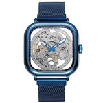 FORSINING Automatic Mechanical Skeleton Transparent Analog Mesh Steel Band Men's Watch-Fsg8181, Dial Color_Blue,Band Color-Blue