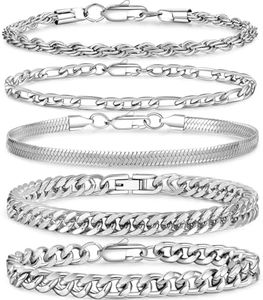 QQUQQU 5Pcs Chain Bracelet for Men Women- Stainless Steel Cuban Curb Link Rope Paperclip Figaro Chain Herringbone Chain Bracelet Set Jewelry Gifts for Man Woman 6.5/7.5/8.3/9 Inches, 5Pc 6.5inch S,