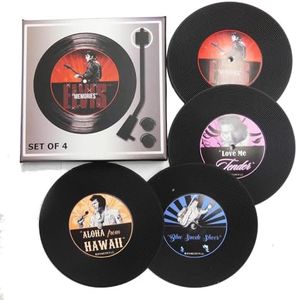 Elvis Presley Vinyl Record Coasters Set of 4 – Non-Slip Licensed Collectible with Gift Box – Featuring Memories, Blue Suede Shoes, Aloha from Hawaii, and Love Me Tender by Midsouth Products