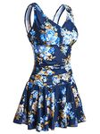 MiYang Women's Plus Size One Piece Swimdress Flower Printed Swimsuit Tummy Control Bathing Suit with Skirt Navy Flower XX-Large