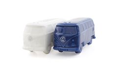 BRISA VW Collection - Volkswagen Salt & Pepper Shakers Seasoning Dispenser in Ceramic with T1 Bus Campervan Design 2-Piece Set (Classic Bus/White & Blue)