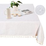 MYSKY HOME Linen Table Cloth Nappe Table Rectangulaire Boho Tablecloth Dustproof Table Cover Kitchen Party Holiday Christmas Wedding Banquet, 60x84 Inch, Beige with Beige Tassels