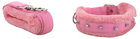 Skora Pink 1 Inch Spiked Nylon Fur Medium Dog Collar & Leash (Medium, Pink)