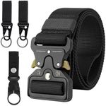 Reelau Men's Tactical Belt with Quick Release Metal Buckle, 49 * 1.5 inch Heavy Duty Nylon Belt Quick Release Military Style Sports Webbing Belt with 2*Metal Keys Clip, 1*Bottle Clip (Black)