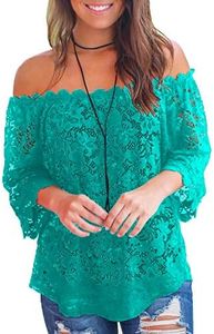 MIHOLL Women's Lace Off Shoulder Tops Casual Loose Blouse Shirts (Green, X-Large)