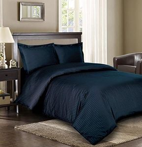 Royal Hotel's King Size Striped Navy 300-Thread-Count 3pc Duvet-Cover-Sets and 1pc Siberian Goose Down Comforter 100 Percent Cotton 100% Cotton