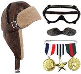 Adults 1940s Aviator With War Medals Grey Moustache And Pilot Goggles Fancy Dress Set - Brown Aviator Hat Ww2 Pilot Fancy Dress