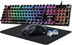 Typewriter Mechanical Gaming Keyboard and Mouse Combo, Rainbow RGB Backlit Wired Keyboards with Blue Switches Round Keycaps Media Control Knob for PC Computer