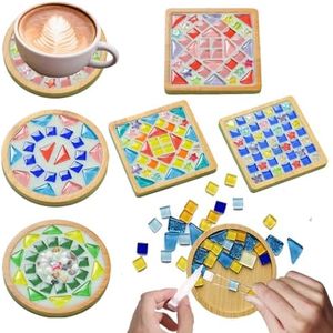 KDBDSYZB 6 Sets DlY Mosaic Tiles for Crafts,Mixed Color Glass Mosaic Kits with Wooden Coaster for Adults,DlY Coasters Kit Mosaic Supplies for Handmade Home Decoration Gift (Square and Round)
