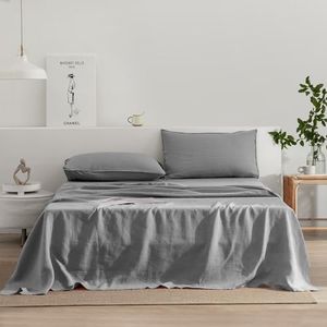 EVERLY Linen Sheets Set Full Size,100% French Stonewash Pure Linen Bed Sheets,4Pieces (1Flat Sheet,1Fitted Sheet,2Pillowcase) Suitable for Hot Sleepers,Deep Pocket Natural Bedding Set-Light Grey