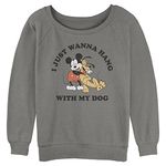 Disney Women's Classic Mickey Dog Fill Lover Junior's Raglan Pullover with Coverstitch, Gray Heather, Large, Gray Heather, Large