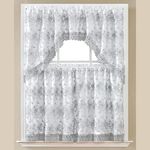 PREMIUS Gloria 3-Piece Floral Embroidered Kitchen Curtain Swag and Tier Set, Silver-Silver